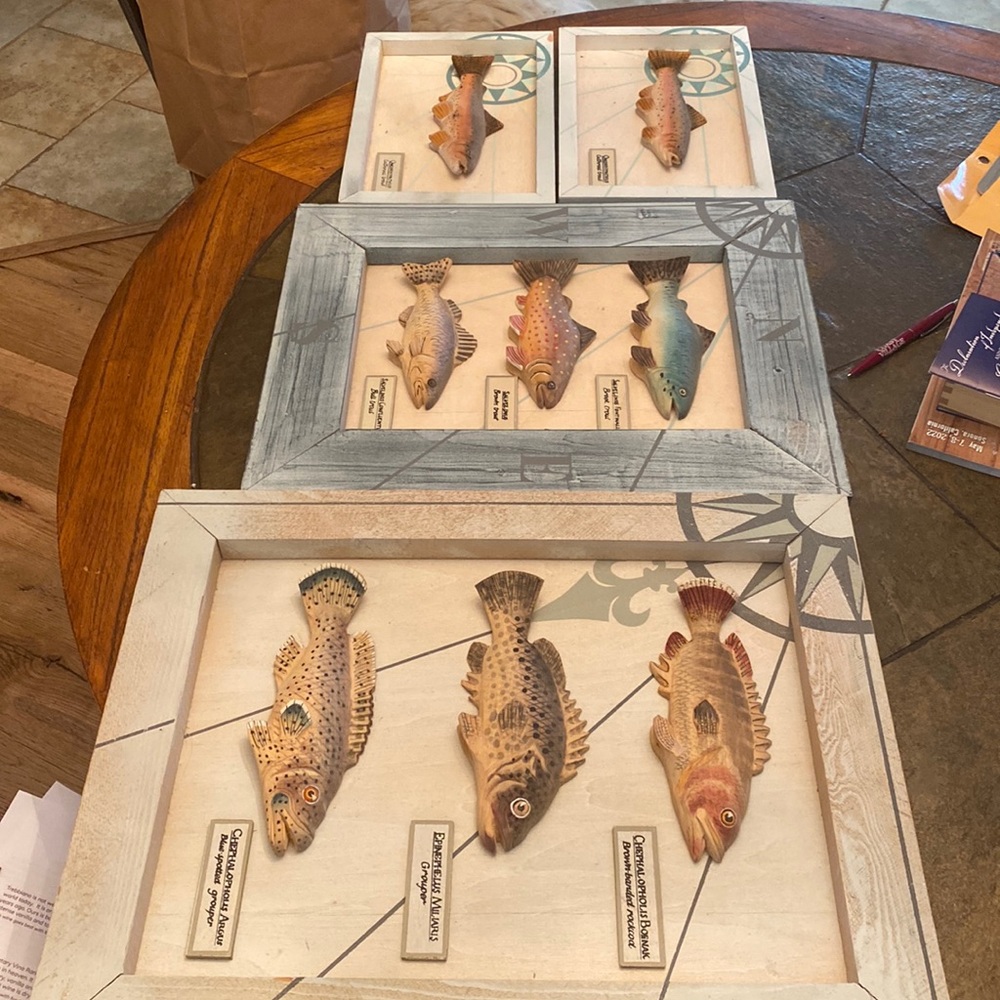 Framed wooden trout art